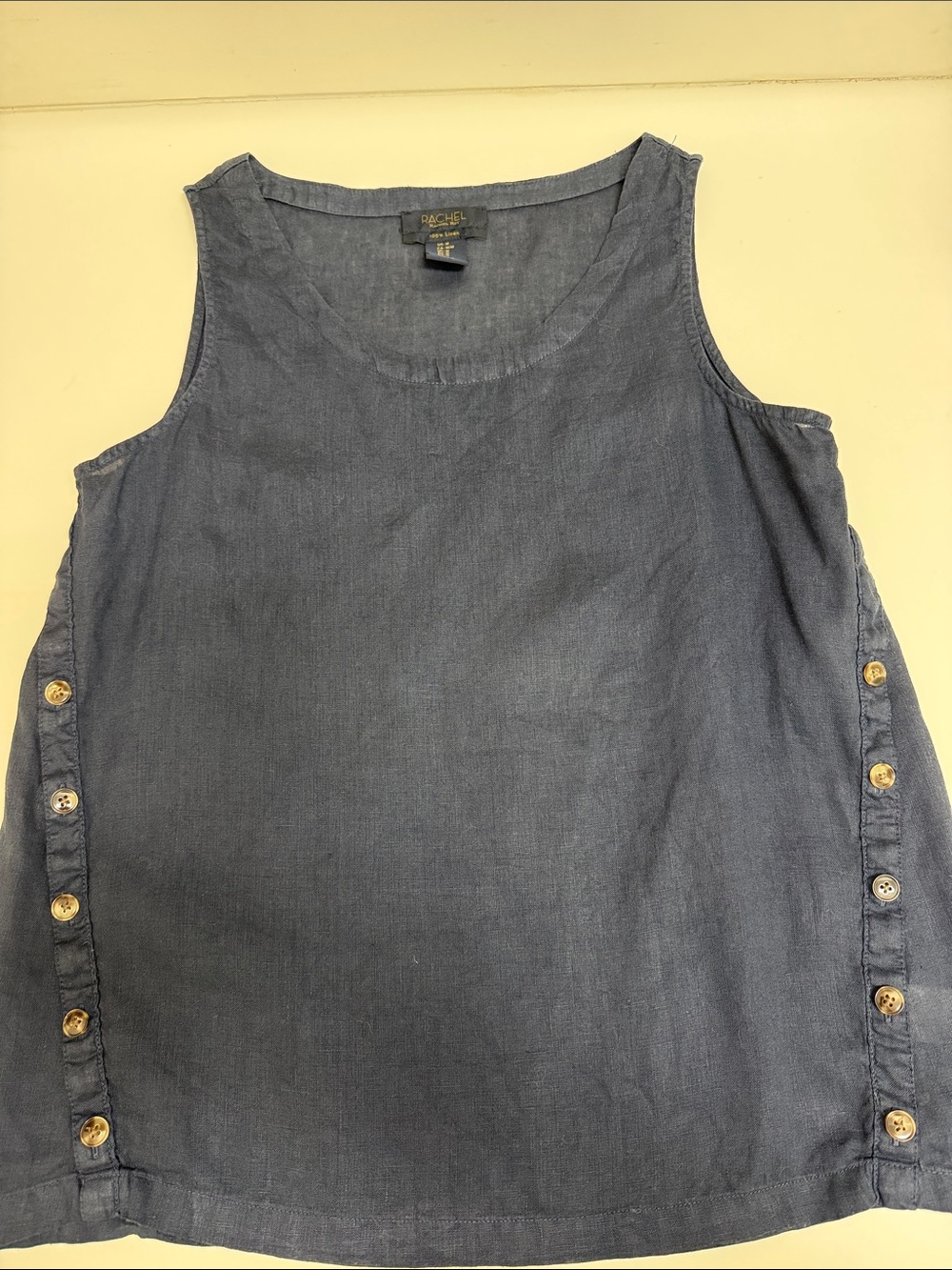 Rachel Navy Sleeveless 100% Linen-Tank with Side Buttons